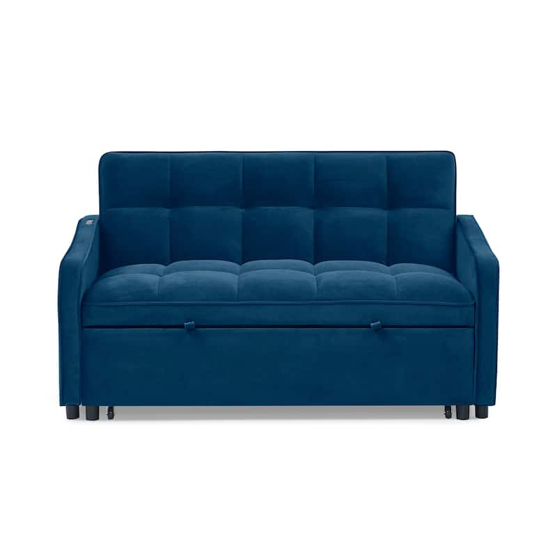 53" Foam Adjustable Loveseat Sofa Bed with Pull-Out Bed, USB/Type-C Charging, Copper Nail Trim, and Arm Storage Pockets