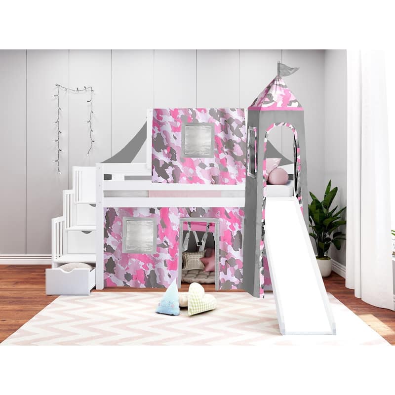 JACKPOT Prince & Princess Low Loft Twin Bed, Stairs Slide Tent & Tower