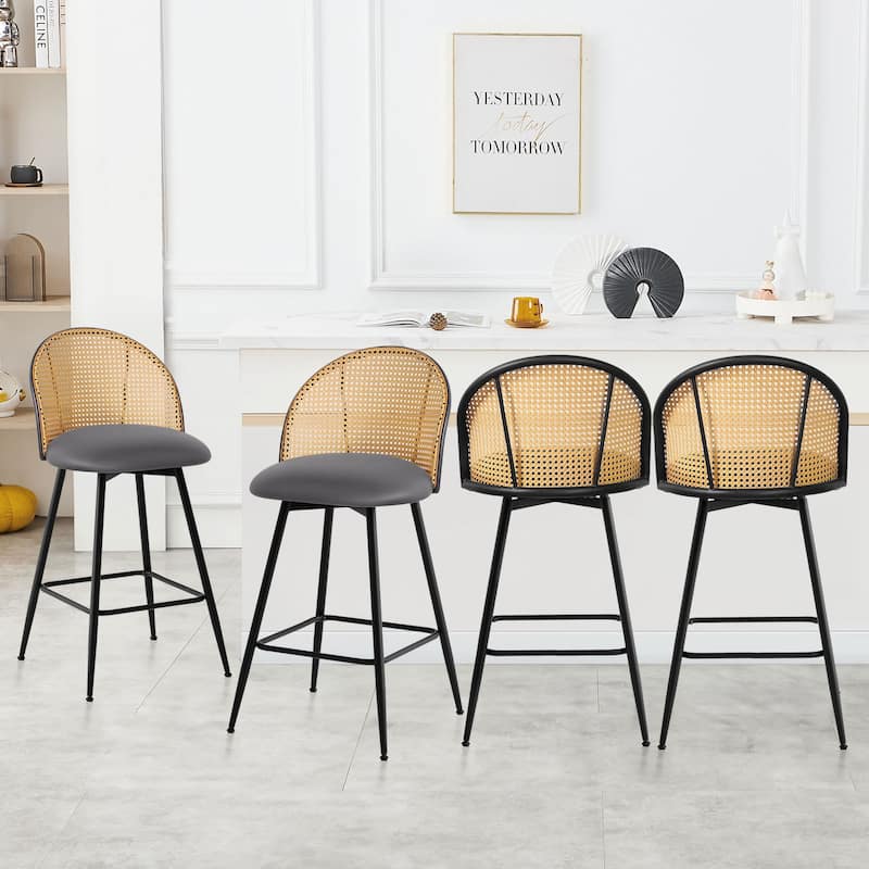Upholstered Swivel Counter/ Bar Stools with Rattan Back - Set of 4 - Leather-Grey - Counter Height