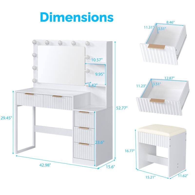 Particle Board Veneered with Textured Melamine, 5-drawer 2-Shelf, comes with 11 Three-color Dimmable Bulbs, Dressing Table Set