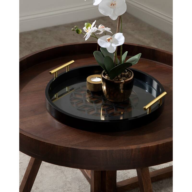 Kate and Laurel Caspen Round Pattern Decorative Metal Handles Tray