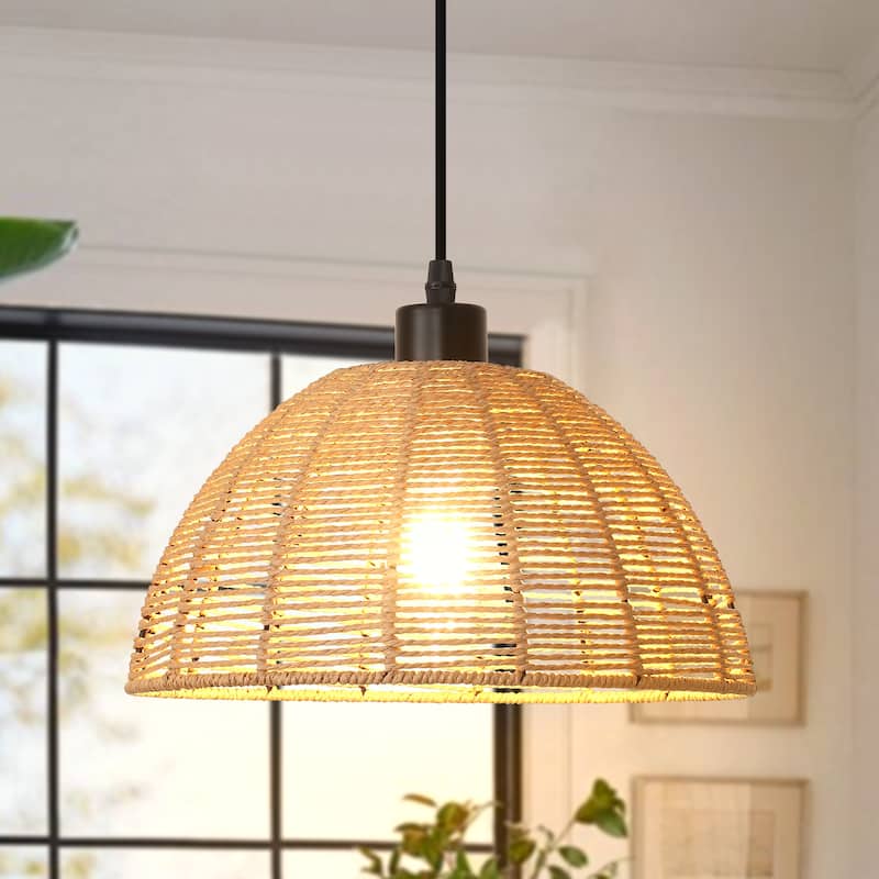 1-Light Dome Hanging Pendant Light Chandelier with Paper Rattan Shaded for Kitchen Island