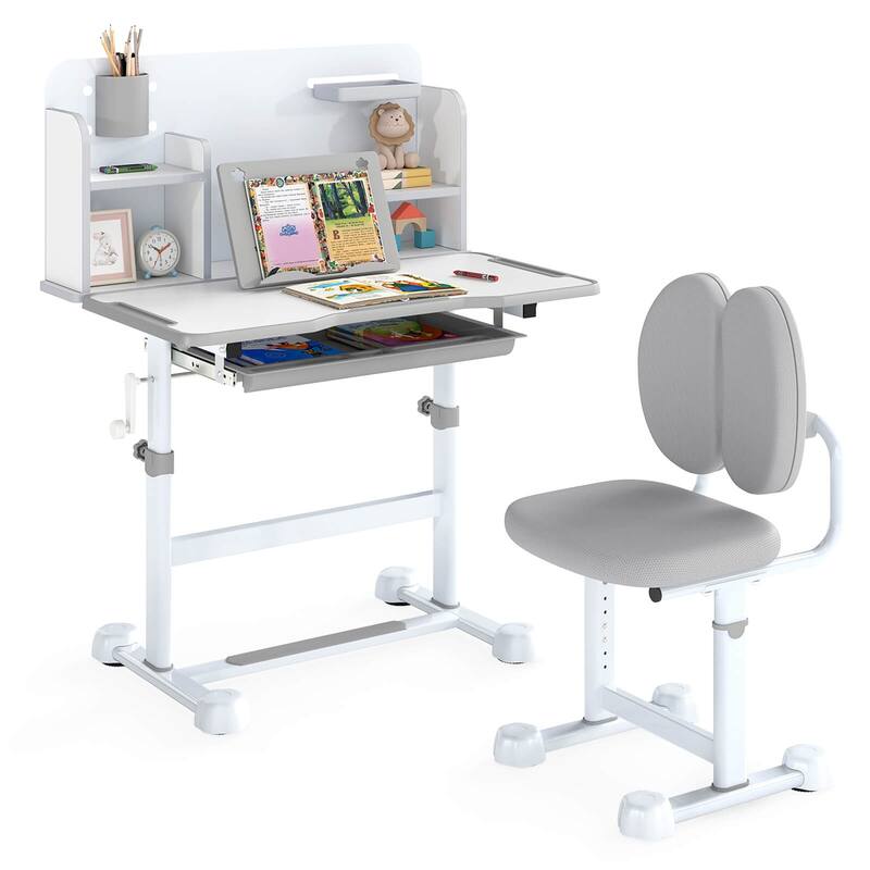 Costway Kid’s Study Desk & Chair Set with Tilt Desktop, Pen Holder & - See Details - Grey