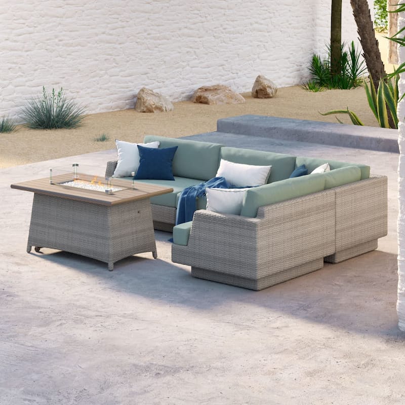 Portofino Comfort 5 Piece Sunbrella Outdoor Patio Sectional Fire Seating Set