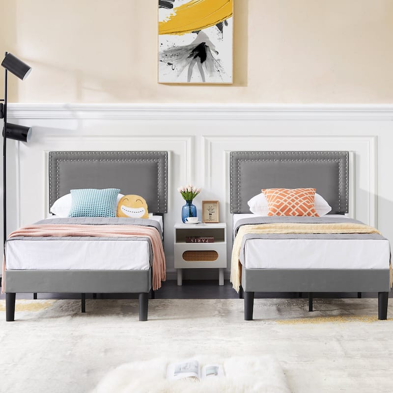 2 Pcs Upholstered Twin Size Platform Bed with Adjustable Headboard - Dark Grey - Twin