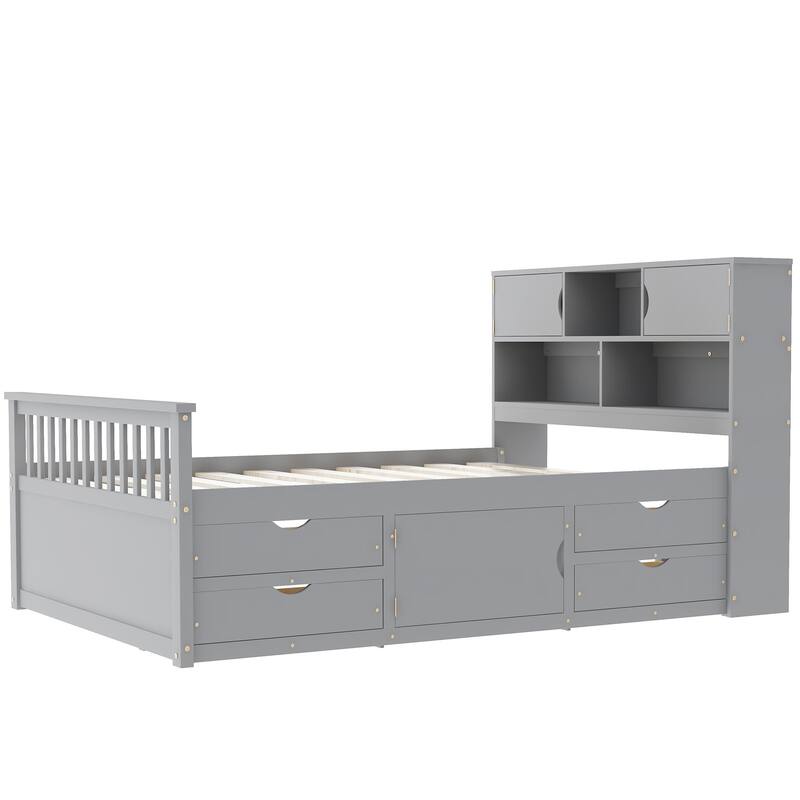 Full Size Solid Wood Captain Platform Bed with Bookcase Headboard and 4 Storage Drawers
