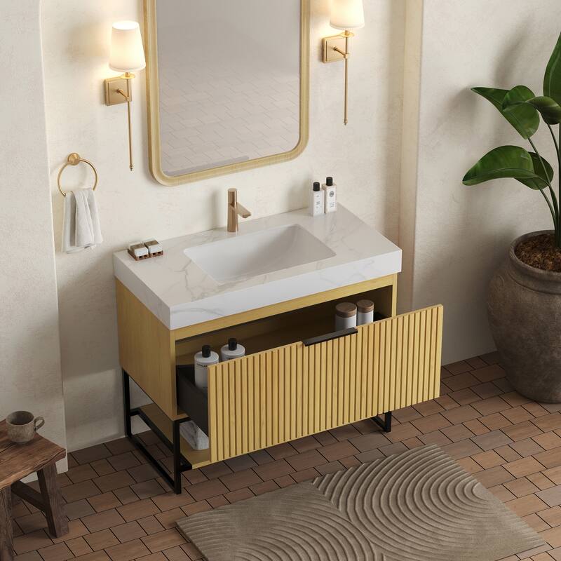 GDFStudio - Yolan 36" Freestanding Bathroom Vanity with Drawer & Open Shelf, Corolla Oak Finish & Ceramic Basin