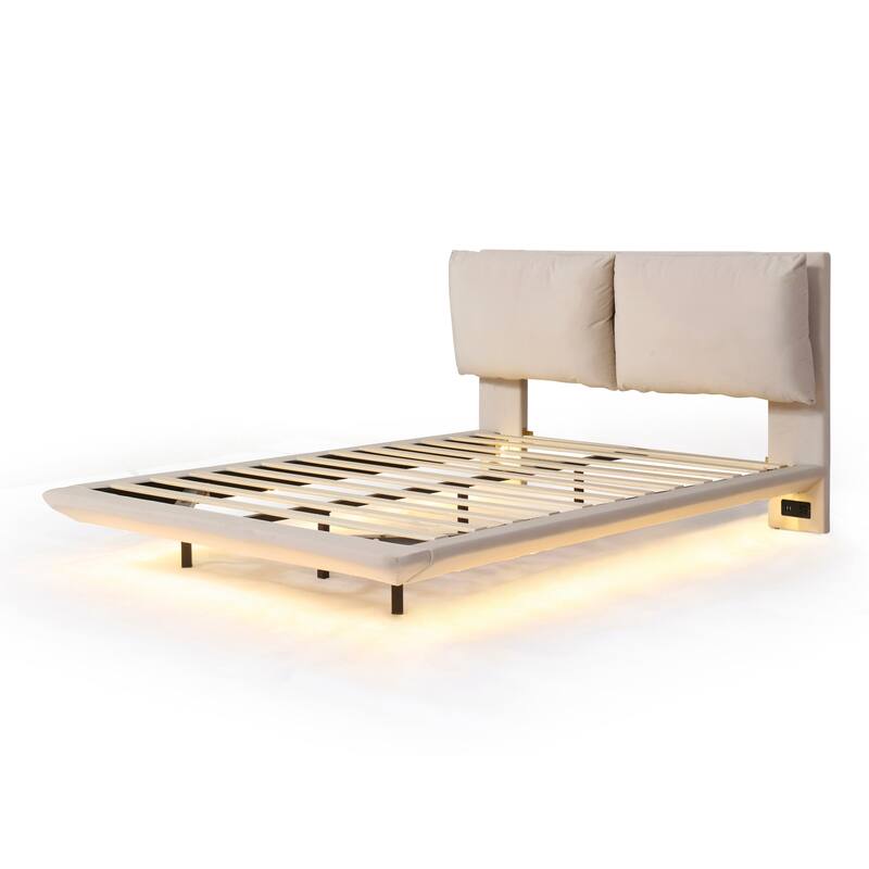 Velvet Soft Backrest LED Floating Platform Bed with Motion Sensor Light
