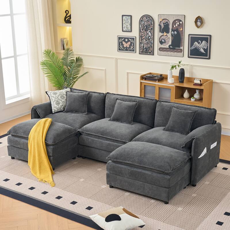 Modular Sofa DIY Combination Sofa for Living Room, Chenille Sectional Sofa Deep Seat Couch Set with Ottoman - Grey - U Shaped