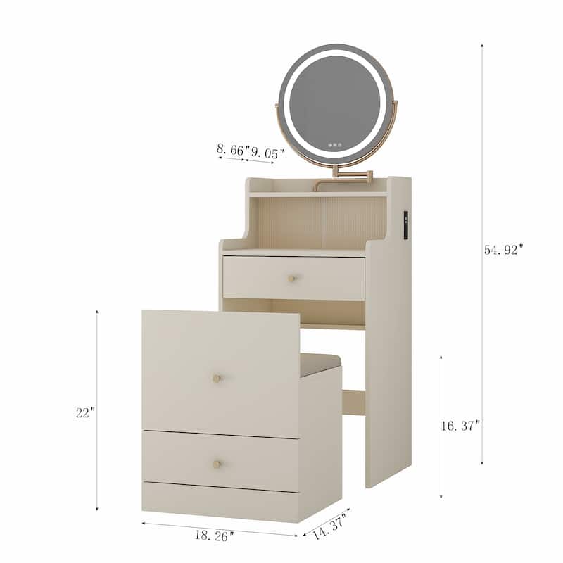 3 in 1 Small Vanity, Makeup Table with Mirror and Light, Vanity Table Set with 2 Drawers and Upholstered Stool