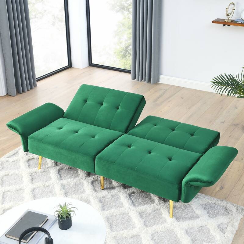 Velvet Futon Sofa Bed with Folded Armrests