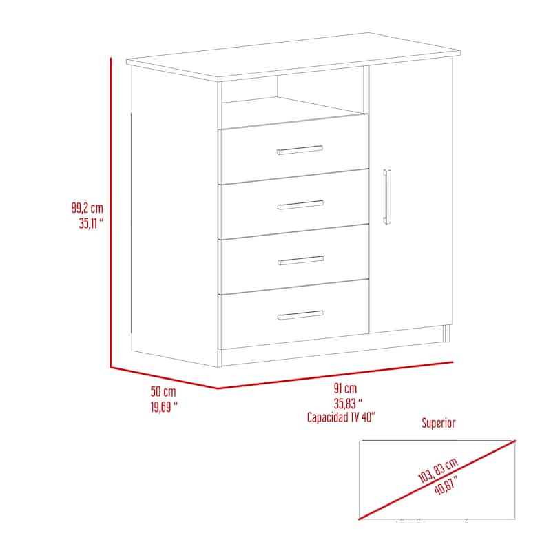 TUHOME Peru 4 Drawer Dresser with Vertical Cupboard & Open Shelf