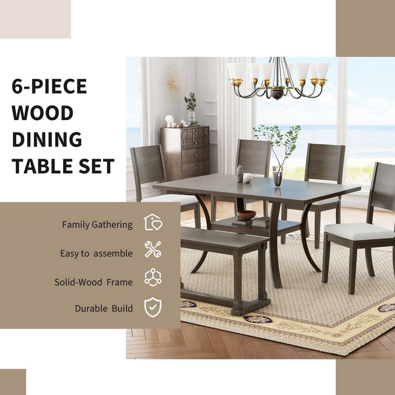 6-Piece Wood Dining Table Set with Storage Shelf and Curved Legs