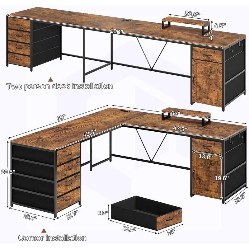 L Shaped Computer Desk 5 fabric Drawers Gaming Desk Storage Shelf