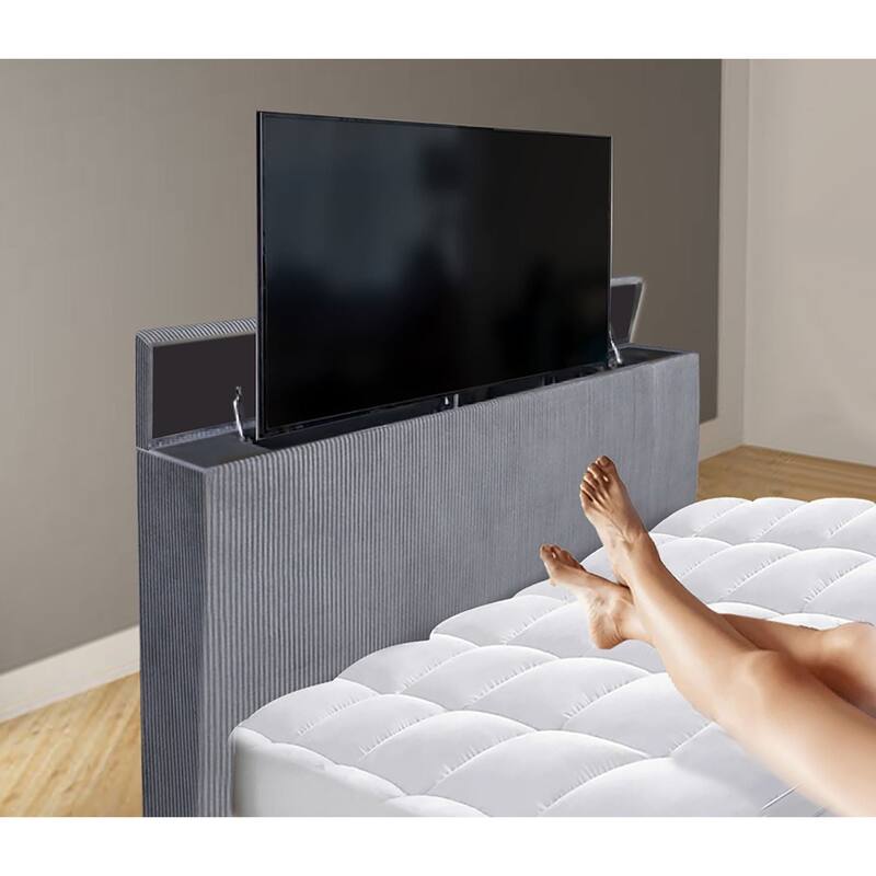 Luxury Gray 1-PC Bed Footboard w/ TV Lift Wingback 3D Fireplace