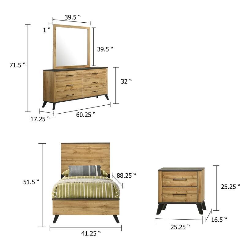 Wemy 4 Piece Twin Size Bed Set, Rustic Brown Pine Wood, Tapered Legs