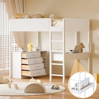 Full Size Loft Bed with Convertible Desk, Storage Shelf & 4 Drawers, Teddy Fleece Wood Bed Frame with Full-Length Guardrail