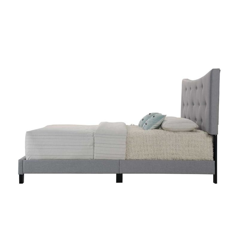 Queen Bed with Button-Tufted Arched Headboard and Low-Profile Footboard, Gray Fabric Upholstery, Rubberwood Legs