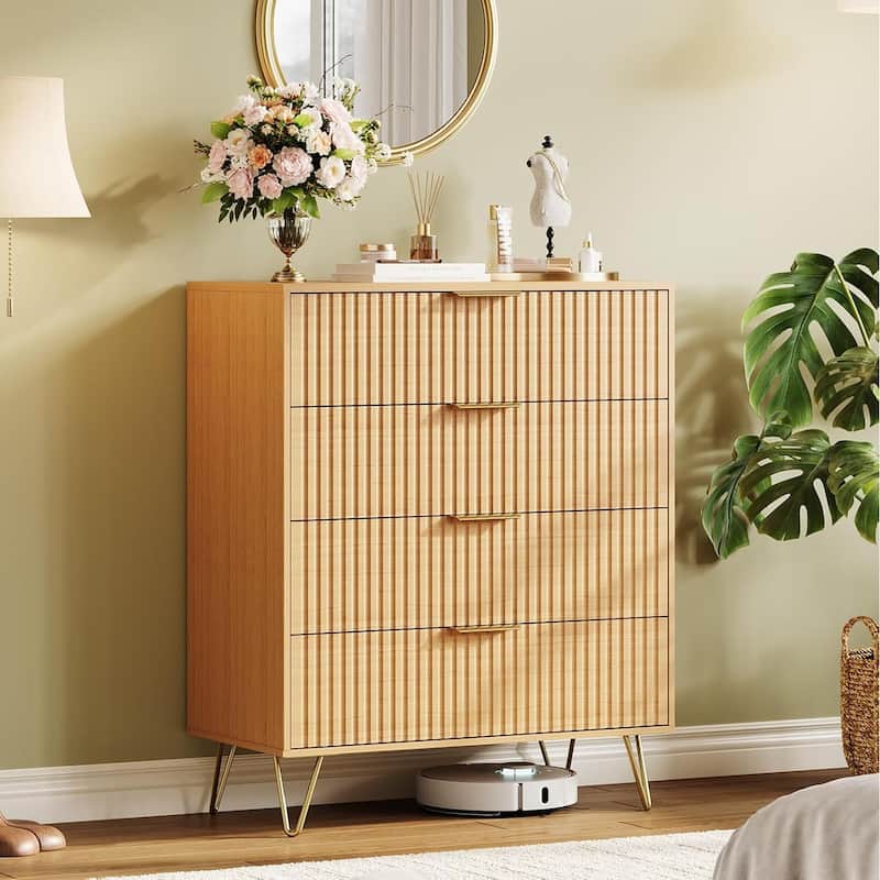 32" Wide Modern Fluted Dresser for Bedroom with 4 Drawers - Natural