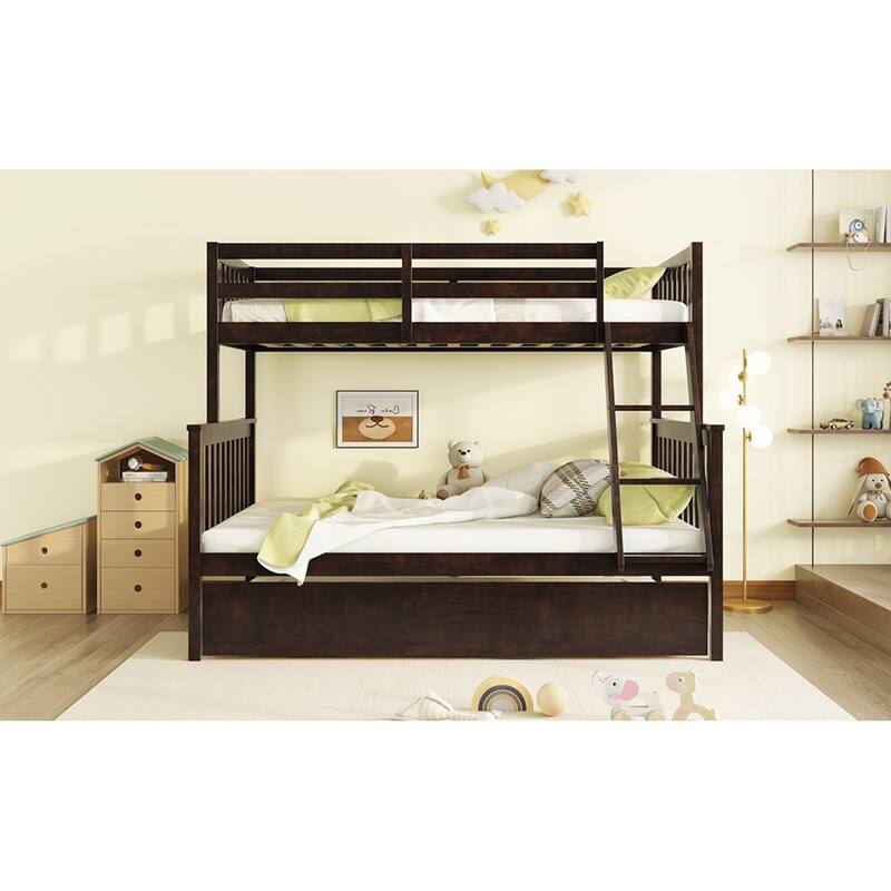 Roomfitters Twin Over Full Rubber Wood Bunk Bed with Trundle, Detachable Convertible Bunk Bed with Ladder and Guardrails