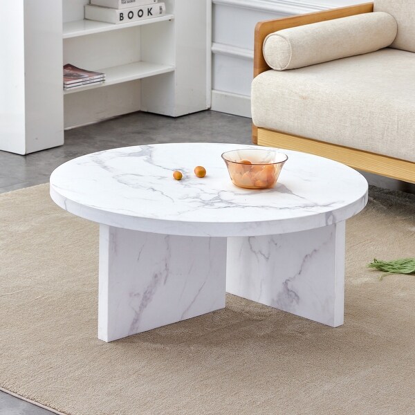 Circular Coffee Table Featured Marble Textured End Table Modern Round Coffee Table with T shape Base for Small Spaces On Sale Bed Bath Beyond 40142032