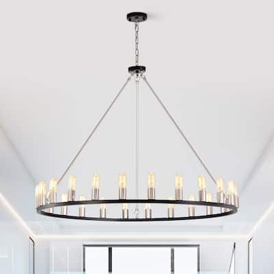 Matte Black and Nickel 48-inch Wagon Wheel 24-light Chandelier