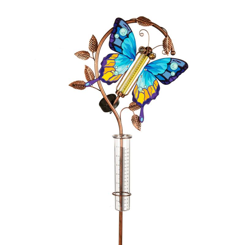 42 in. Solar Metal Rain Gauge, Blue Butterfly