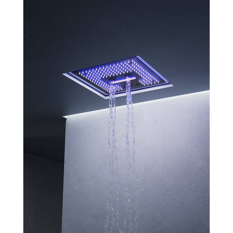 Thermostatic Music Shower System Dual Heads 16" & 6" Rainfall Waterfall LED Shower Head with High Pressure Handheld Spray