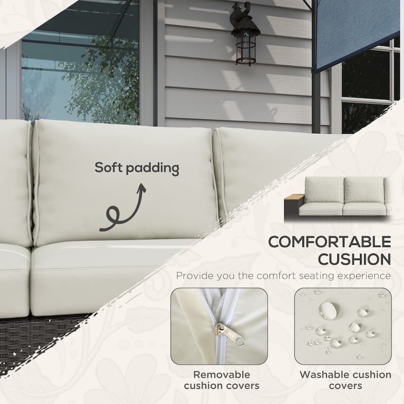 Outsunny 3-Seat Patio Sofa with Cushions, PE Rattan Outdoor Couch with Wood Grain Wide Armrests for Porch