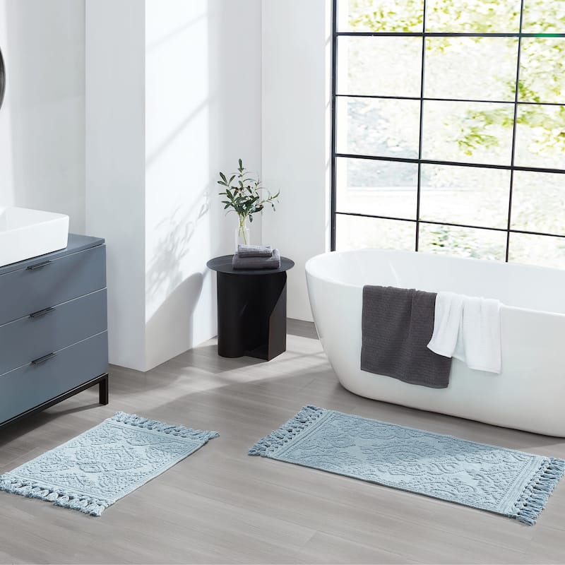 Jean Pierre Ricardo Cotton Fringe 2-Piece Bath Rug Set - 17" x 31"/21" x 41" - Light Blue