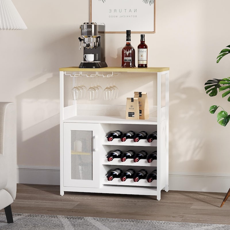 3-Tier Wine Bar Cabinet with Storage, Wine Rack & Glass Holder, Small Liquor Cabinet for Home, Black Corner Storage with Shelves - White