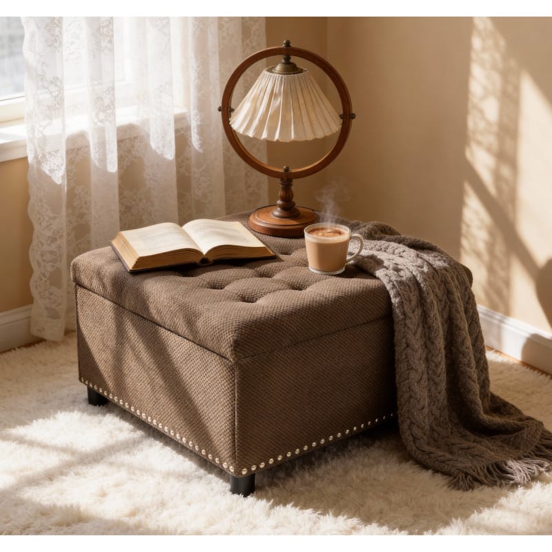 Square Tufted Upholstered Storage Ottoman with Nailhead Trim
