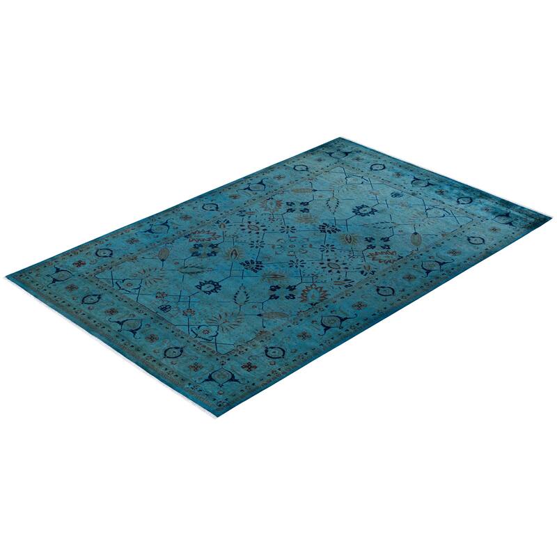 Overton Hand Knotted Wool Vintage Inspired Modern Contemporary Overdyed Blue Area Rug - 6' 1" x 9' 5"