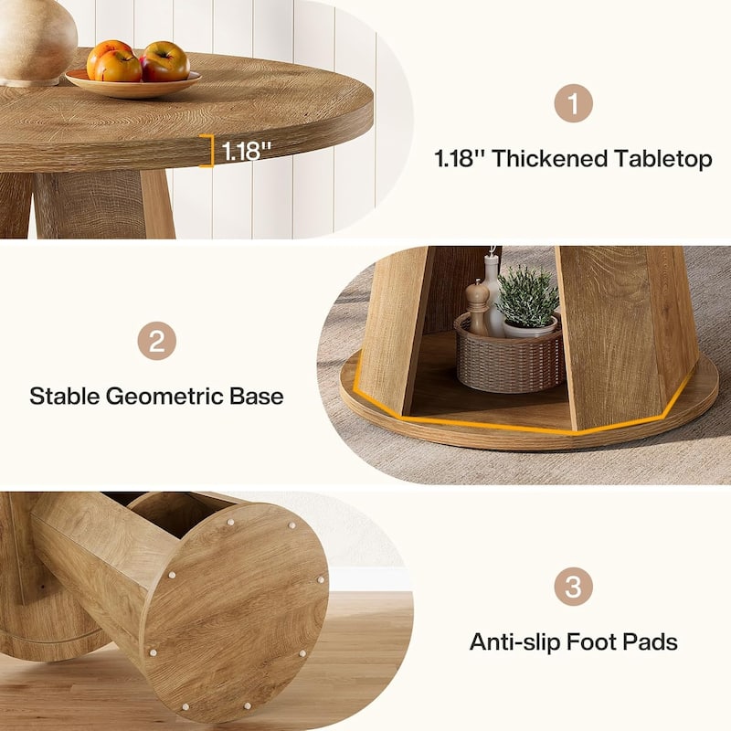 31.5" Small Round Wood Dining Kitchen Table for 2 with Storage Shelf - 31.5" W x 31.5" D x 29.5" H