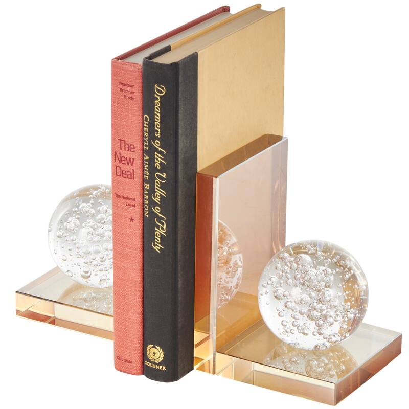 Glass Geometric Bookends with Clear Orbs and Bubble Texturing - Set of 2 Gold - Roche River Decor - 5"W x 4"L x 6"H