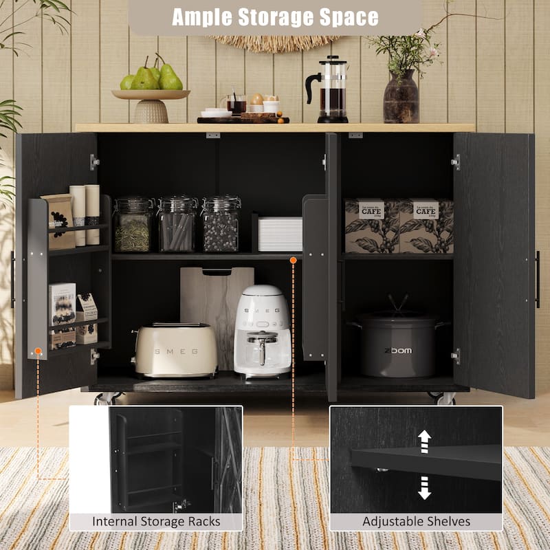 51.2"W Kitchen Island with Drop Leaf, ASH Veneer Top, Mobile Storage Cart with Towel Rack and Internal Storage Racks