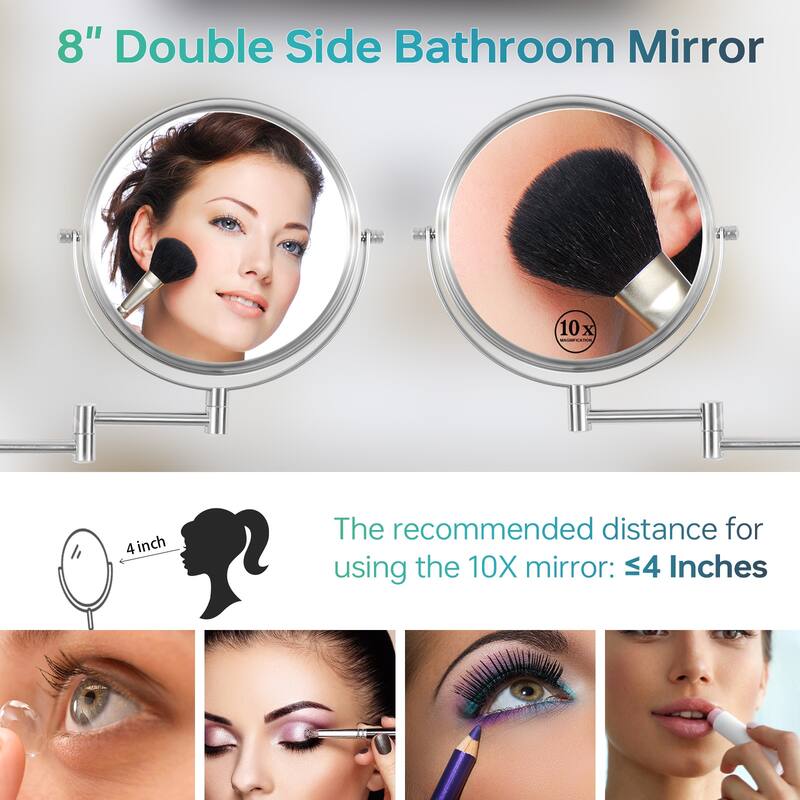 8 inch Wall Mounted Round Frame Makeup Mirror, 1X/10X Magnifying, Height Adjustable