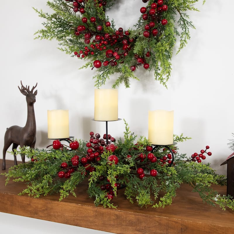 Apples and Berries Triple Pillar Christmas Candle Holder - 36" - Green and Red