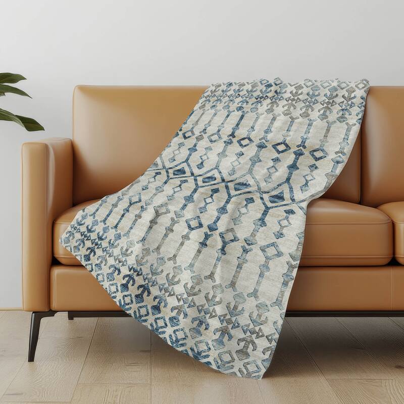 Premium Machine Washable ASB79 Moroccan Boho Sherpa Throw Blanket - Ivory - 4'2" x 5'10"