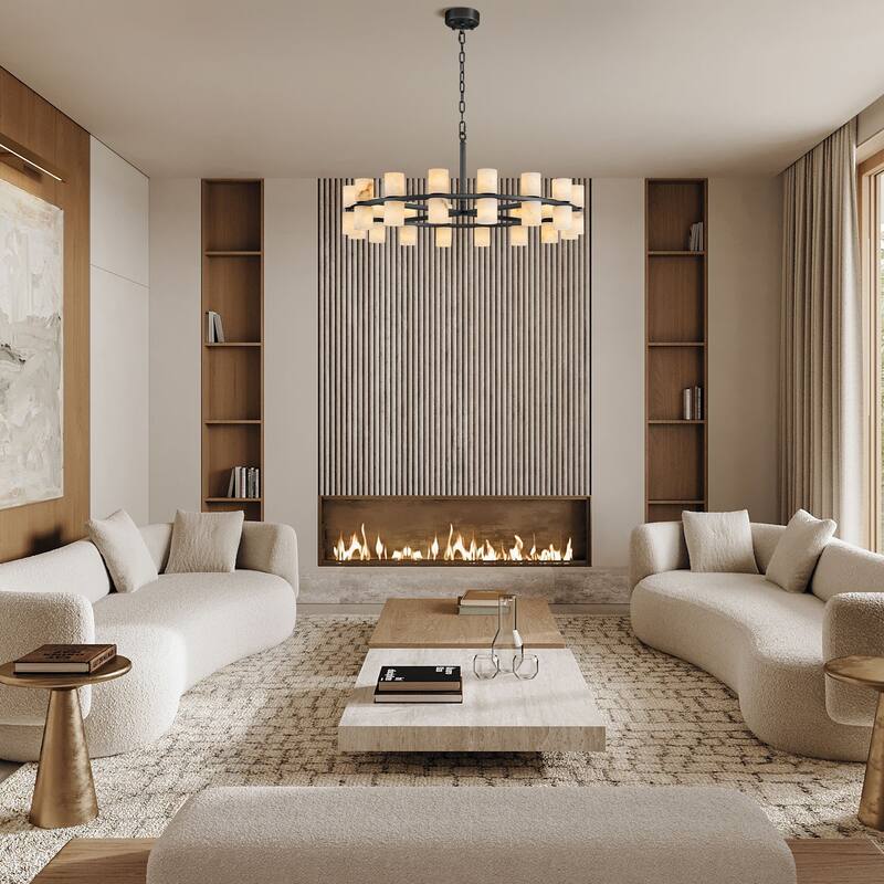 Modern Alabaster Glass Chandelier, Round or Linear Pendant Light with Up & Down Shades, D600-L1370, Copper or Black Finish