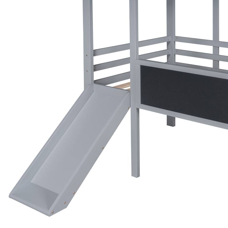 Gray Twin Solid Wood Loft Bed with Slide and Blackboard Feature