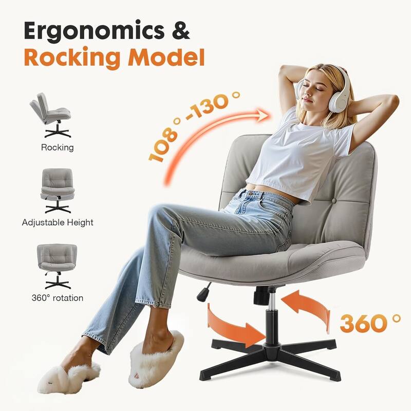 PU Leather Tilt Wide Seat Ergonomic Task Chair with Armless, Criss Cross Legged and No Wheels