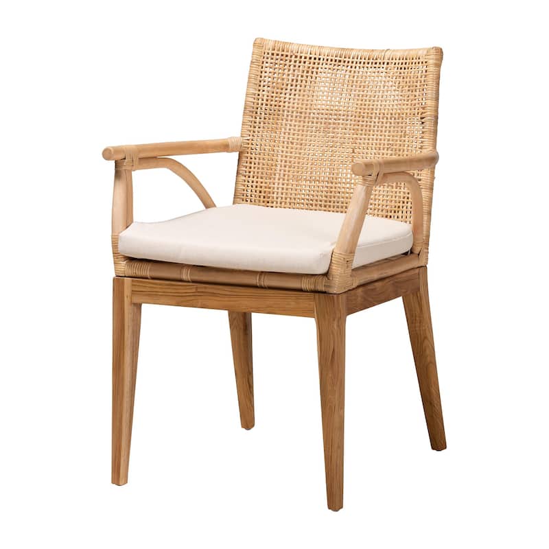 Storsel Modern Bohemian Natural Brown Finished Teak Wood and Rattan Dining Chair with Cream Fabric Cushion - Natural Brown