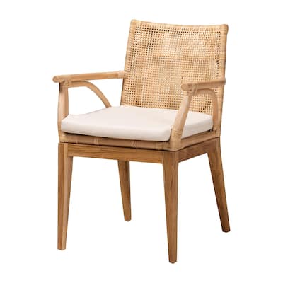 Storsel Modern Bohemian Natural Brown Finished Teak Wood and Rattan Dining Chair with Cream Fabric Cushion