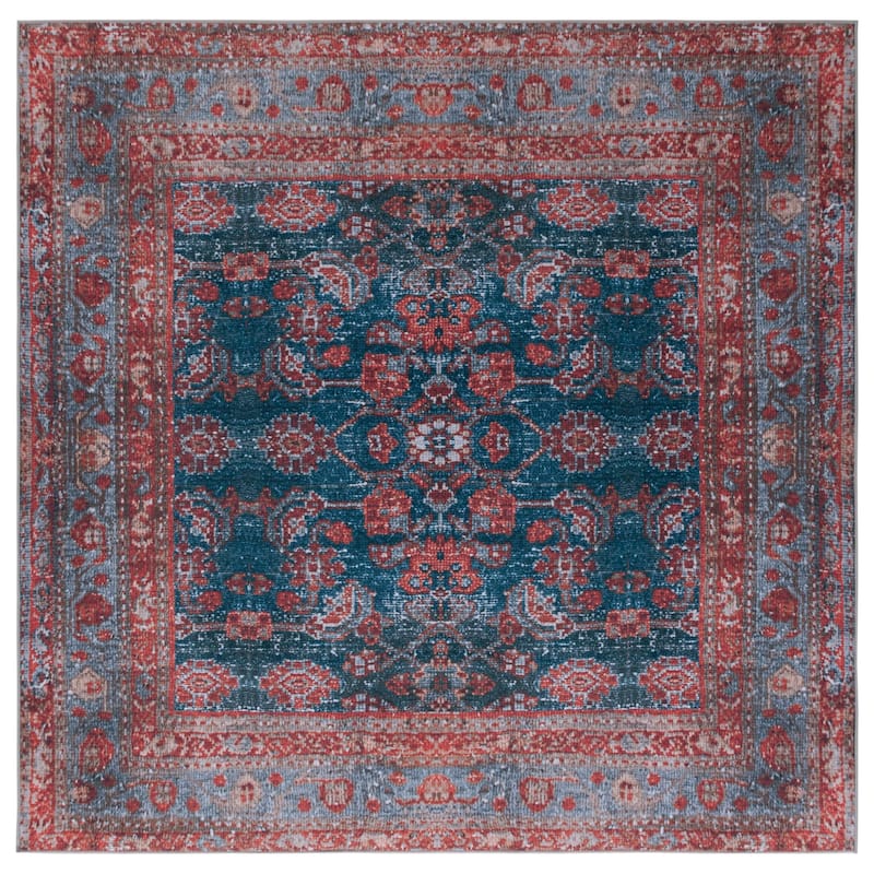 SAFAVIEH Tucson Machine Washable Slip Resistant Elmira Oriental Rug - 6' Square - Blue/Rust