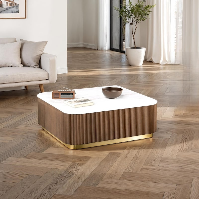 Modern Genuine Marble Top Coffee Table with Accent Gold Stainless Steel Base - White+Brown(1PC) - 35" Square