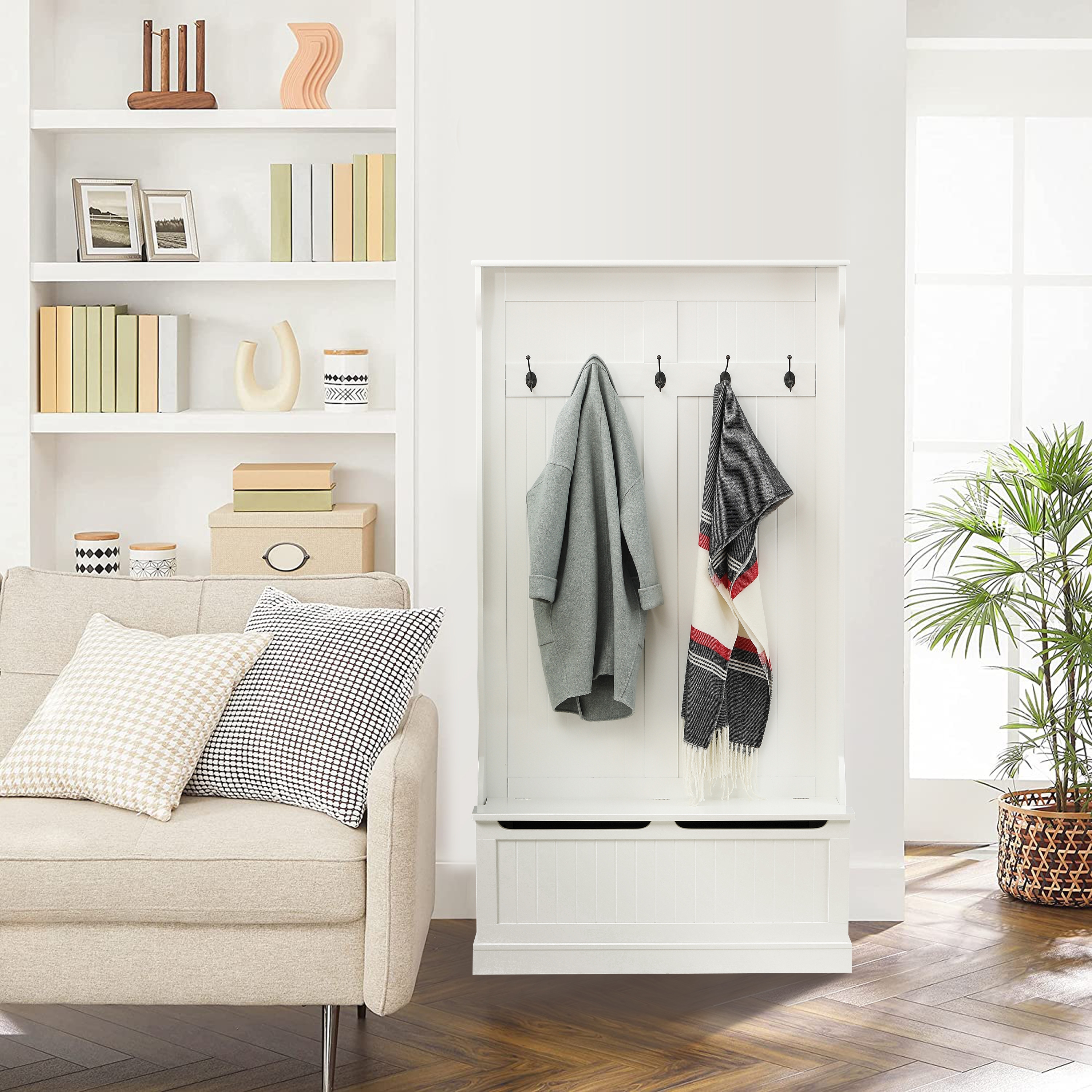 White MDF Wood Hall Tree with Storage Bench - 70.87" H x 37.8" W x 13.39" D