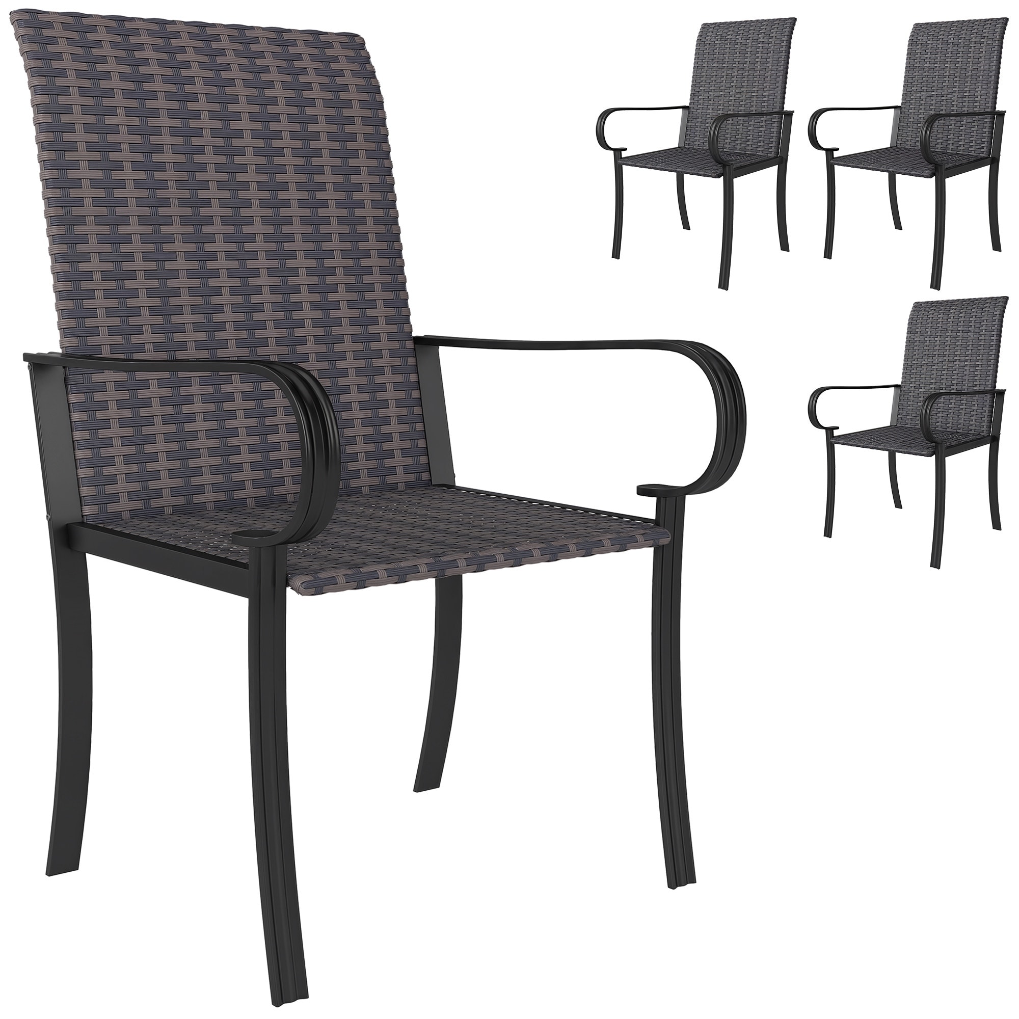 Set of 4 Outdoor Wicker Dining Chairs, All-Weather Rattan Armchairs with Armrests, Steel Frame, Highback and Deep Seating