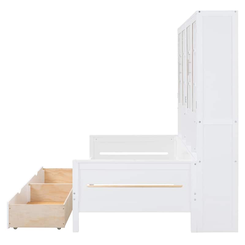Twin Versatile Daybed with Glass-Door Storage Cabinets & Shelves, Space-Saving Wooden Platform Bed Frame w/Built in LED Lighting