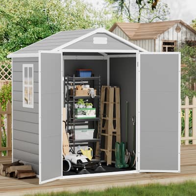 Furniwell 6x4/5x4 ft Outdoor Storage Shed, Plastic Weather Resistant Garden Shed, Pitched Roof,Lockable Door